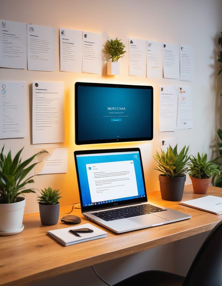 A sleek, modern workspace with a laptop displaying a beautifully designed email interface, surrounded by motivational quotes on the walls. Include vibrant plants to symbolize growth and creativity, with warm, inviting lighting creating a cozy atmosphere. The scene should evoke feelings of productivity and joy in communication. super-realistic. vibrant colors. warm lighting.