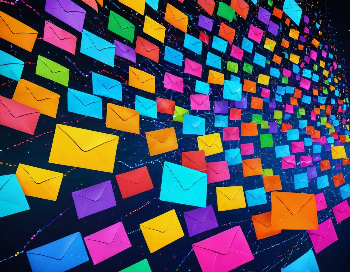 A vibrant, futuristic digital landscape representing an email interface, overflowing with colorful envelopes and ecstatic emoticons. Include diverse characters enthusiastically exploring features like increased storage and customization options. Surround the scene with glowing connectivity symbols and dynamic data flows that symbolize speed and efficiency. Super-realistic. Vibrant colors. 3D.