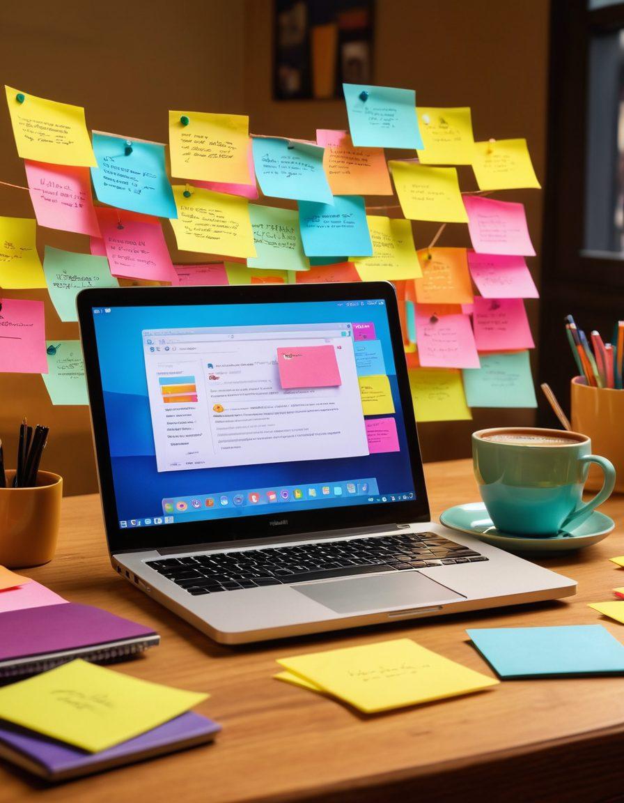 A colorful, lively workspace featuring a glowing laptop displaying an email interface, surrounded by joyful people communicating via different devices. Bright post-it notes with inspirational messages float around, and a cup of coffee emits gentle steam. The scene conveys a sense of happiness, connection, and productivity. super-realistic. vibrant colors. dynamic composition.